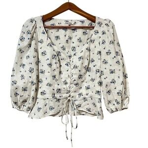Reformation Barrett Micro Floral Linen Top Size 12 White Lace Up Cottagecore